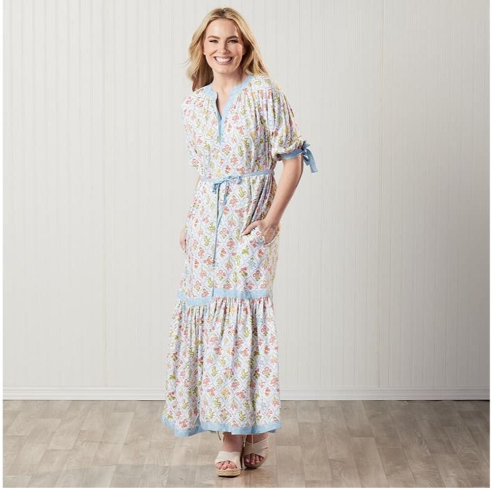 Cactus + Pearl women's Ivory Block Print‎ Floral Midi Dress Tie Waist XL